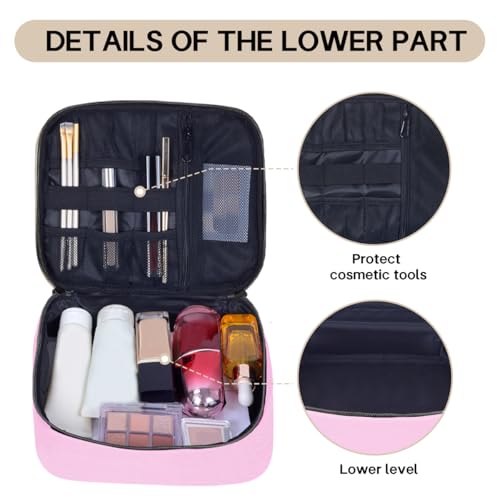 Double Layer Makeup Bag with Adjustable Dividers, Pink - color: Pink