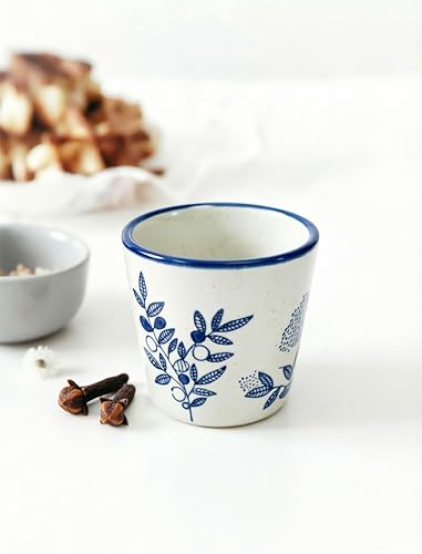 6 oz Japanese Tea Cups, Matcha Cups Ceramic, Handless Espresso Cups - color: Blue-Plants 2