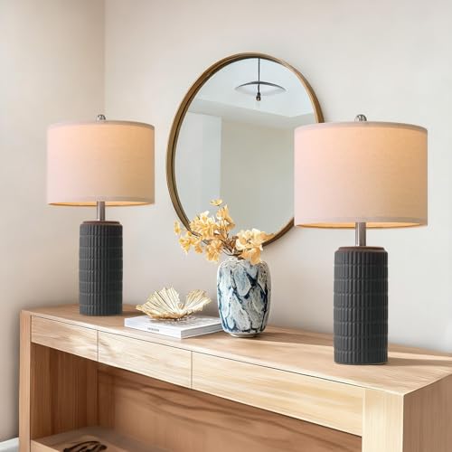 PoKat 23" Matte-Textured Ceramic Table Lamps Set of 2 for Bedroom, Stone-Like Modern Bedside Lamps for Night Stands, Farmhouse Nightstand Table Lamps Decor for Living Room End Table Black - color: Matte Black