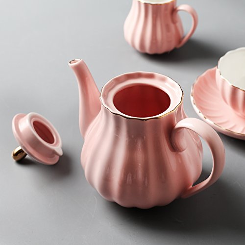 Sweejar Porcelain Tea Sets British Royal Series, 8 OZ Cups & Saucer Service for 6, with Teapot Sugar Bowl Cream Pitcher Teaspoons and Tea Strainer, Suitable for High Tea, Wedding, Party (Pink) - color: Pink