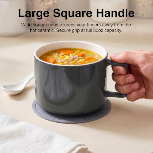Ceramic Soup Bowls with Handles & Lids, Set of 2 with Spoons & Trivets, 30oz Large Soup Mugs, Oven Safe Bowls for Soup, Ramen, Oatmeal & Cereal, Microwave & Dishwasher Safe, Gray - color: Gray