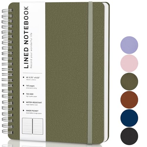 Lined Spiral Journal Notebook, A5 Hardcover Leather Notebook for Work, 5.7''×8.2'', 100GSM Thick Paper Spiral Bound Journaling Notebooks for Women & Men Office School Note Taking Business, Green - color: Green, size: A5