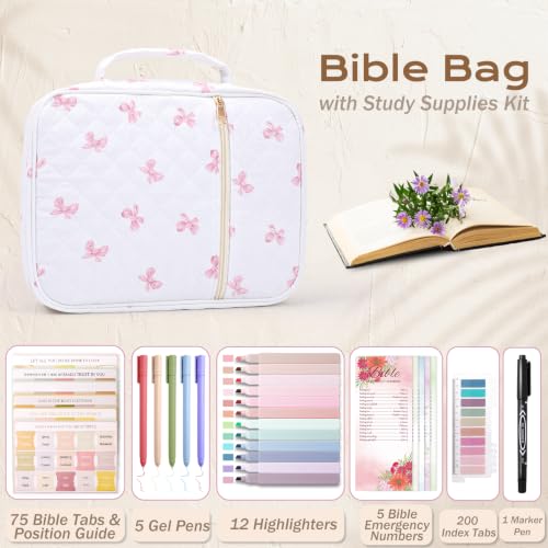XKDOUS Bible Cover for Women Bible Bag Kit Church Book Holder Carrying Case - color: Red Bow