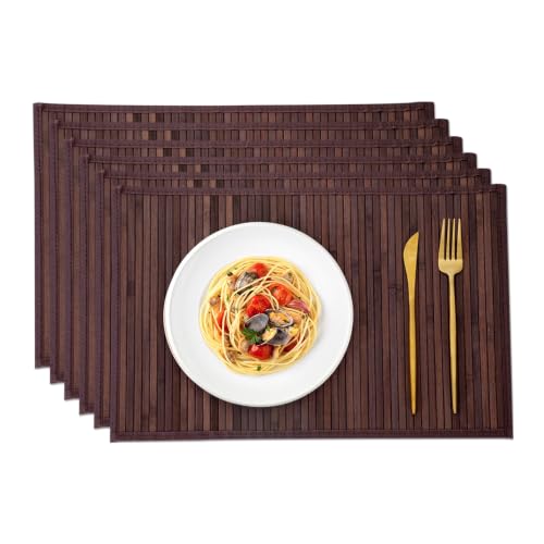 Bamboo Placemats Set of 6 with Fabric Border, Table Mats, Walnut - color: Walnut, size: Set of 6