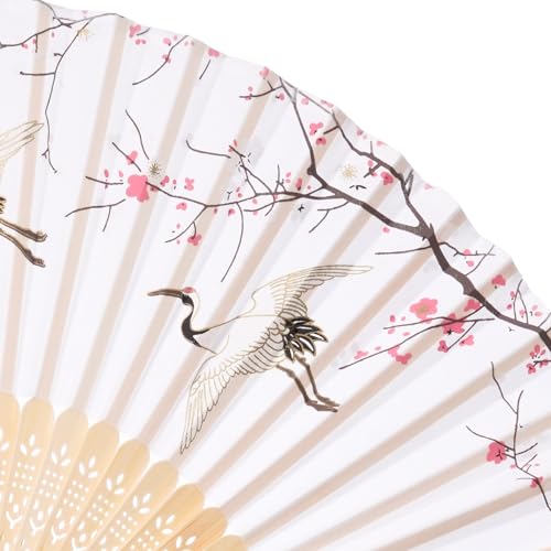 QIRMIZI 10 Pieces Handheld Fans, Silk Folding Fans, Floral Folding Fans for Birthday,Dancing, Cosplay, Weddings, Parties, and Events,Qianhe Silver Needle - color: 03 Red-crowned Crane