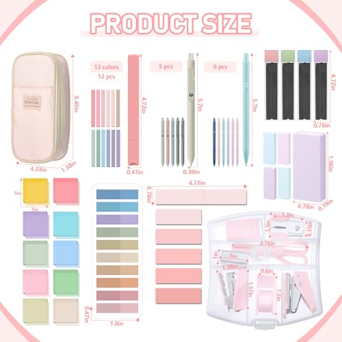 Sinload 60 Pcs Aesthetic Book Annotation Kit School Supplies Cute Pencil Case Mini Stapler Set 12 Highlighter 5 Gel Pen 6 Pencil 5 Magnetic Bookmark 1220 Sticky Note Student Stationary(Pink) - color: Pink