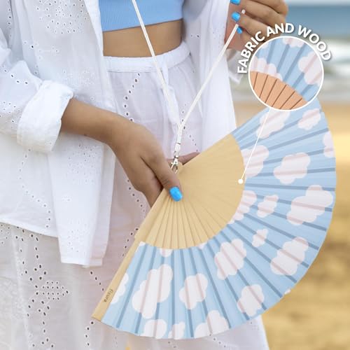 Fisura - Original Fan with Clouds Print. Modern and Colorful Wooden Fan. Blue Hand Fan. Hanger Included. Measures: 42,5 x 23 cm - color: Clouds, Blue