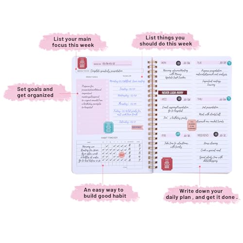 Thboxes A5 Weekly Planner Notebook, 52 Week Undated Journal for Women, Pink - color: Pink Cute