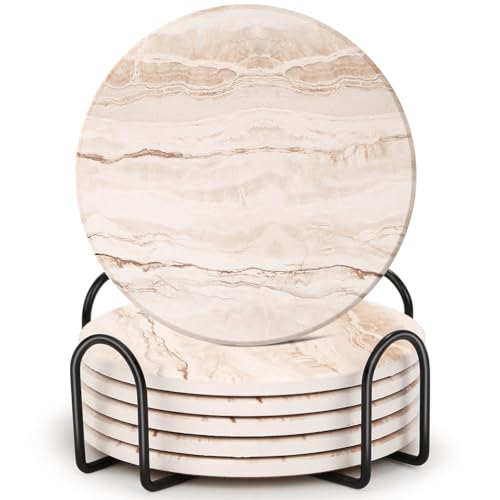 Acejoz Drink Coasters Set of 6, Absorbent Coaster for Coffee Table Decor, Marble Style Ceramic Coaster for Home Decor, 4 Inches - color: Beige Marble