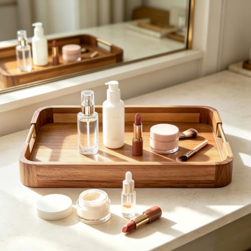 GinSent Wooden Serving Tray with Handles,Wooden Trays for Kitchen Counter Decorative Trays Wood Tray Coffee Table Tray for Living Room House Decor 16.7-INCH with 1.2cm Thickness Wood - color: Light Brown(rectangle 18")