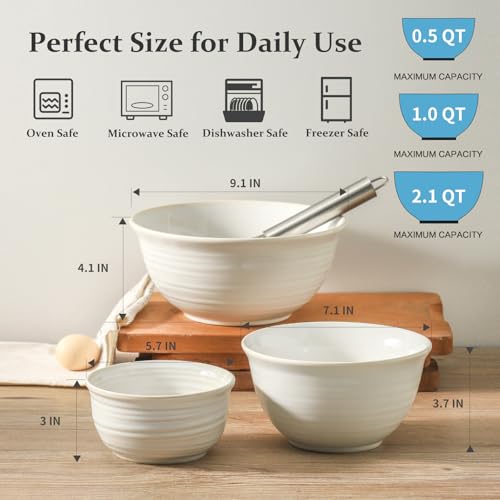 HASENSE Ceramic Mixing Bowls Set, 2.1/1.0/0.5 Qt, Handmade Salad Serving Bowls for Kitchen, Deep Nesting Dishes for Storage and Baking, Microwave Dishwasher Safe, Clay-Infused White - color: Clay-Infused White, size: 20+40+84 Ounce