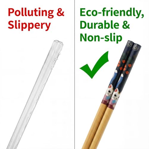 5-Pair Bamboo Chopsticks Set with 5 Ceramic Lucky Cat Rests, Gift Set