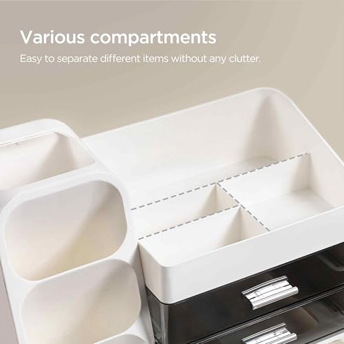 HBlife Desk Organizer with Pen Pencil Holder for Desk, Pen Organizer with 2 Drawers, Desk Organizers and Accessories with 4 Compartments, Desktop Storage for Office Home School Art Supplies, White - color: White