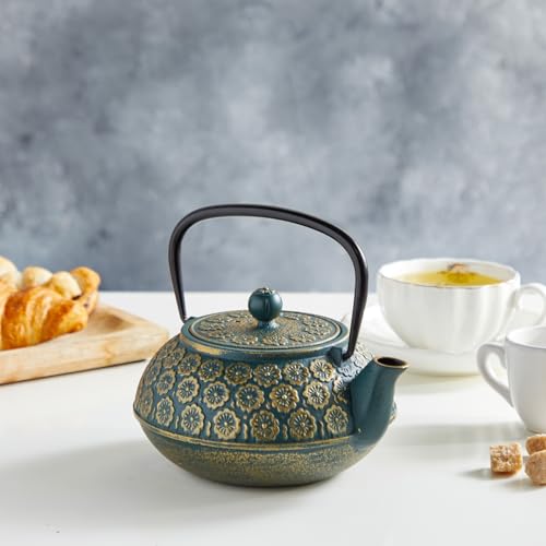 Juvale Cast Iron Tea Kettle with Infuser - 34 oz, Sage Green Floral - Loose Leaf Tea Infuser Pot & Japanese Cast Iron Teapot - color: Green, size: Medium