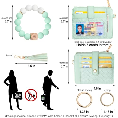COOLANS Silicone Bracelet Wristlet Wallet Credit Card Holder RFID ID Window Key Ring Tassel Slim Wallet Women Keychain Purse - color: Light Green
