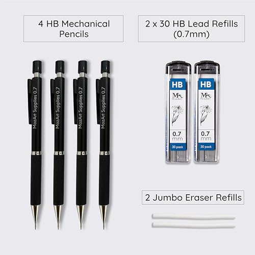 MozArt Mechanical Pencil 0.7mm Set 2x30 HB Lead & Eraser Pen Refills - color: 0.7 Black