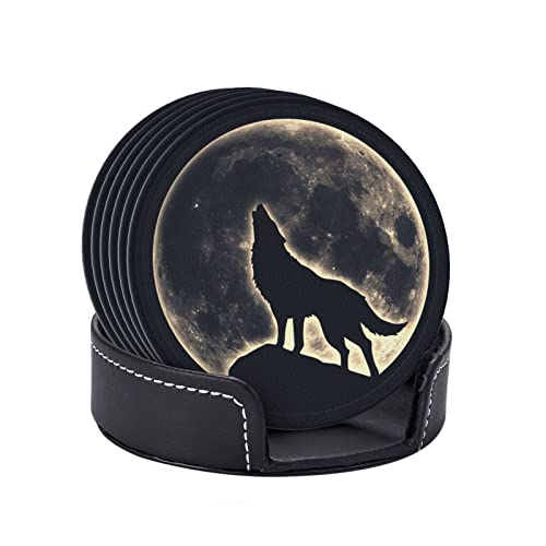 6 Pcs Leather Coasters for Drinks with Holder Howling Wolf Full Moon Coaster Sets Drink Table Cup Coasters for Kitchen Coffee Decor - color: Full Moon Wolf