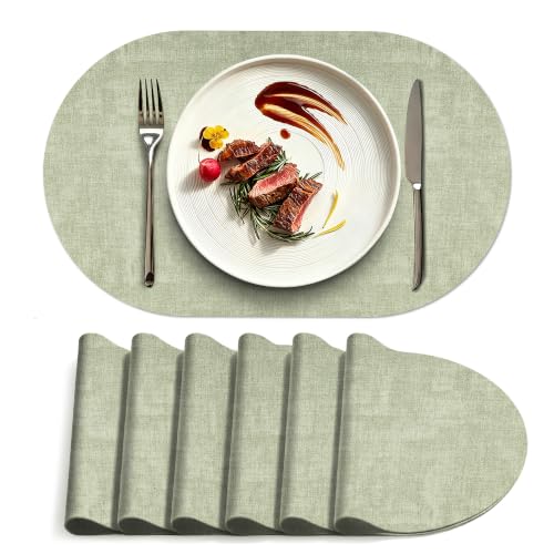 Placemats Set of 6, 17.7 x 11.8 Inch Oval Faux Leather Place Mats - color: R-sage Green