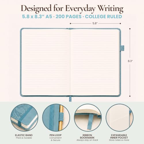 Lined Journal Notebook Hardcover Leather Bound 200 Pages A5 Blue Cute Diary - color: Light Blue, size: A5 200 Pages