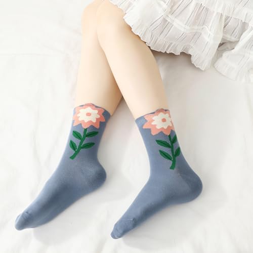 5/6 Pair Crew Socks for Women Floral Socks - color: Black, Blue, Green, White, Pink