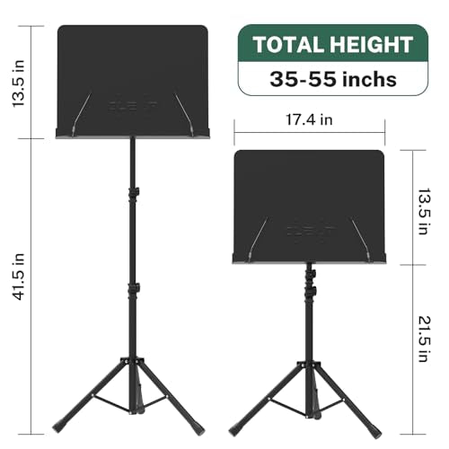 GLEAM Sheet Music Stand - Full Metal with Carrying Bag, Phone Holder, Sheet Music Folder and Clip, 5 in 1 Desktop Book Stand - Black