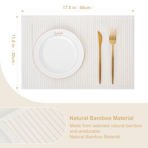 Bamboo Placemats Set of 8 with Fabric Border, Table Mats, White - color: White, size: Set of 8