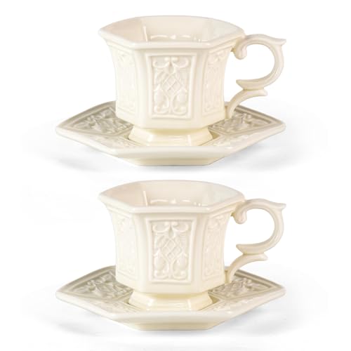 KAMMAK Tea Cups and Saucers Set of 2, 6 oz Porcelain Coffee Cups, SY003 - size: 8CZSY003