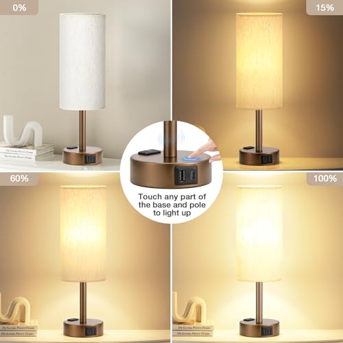 Fenmzee Brown Bedside Lamp for Bedroom, Dimmable Touch, USB A+C, AC Outlet - color: Cream - Brown, size: 14"