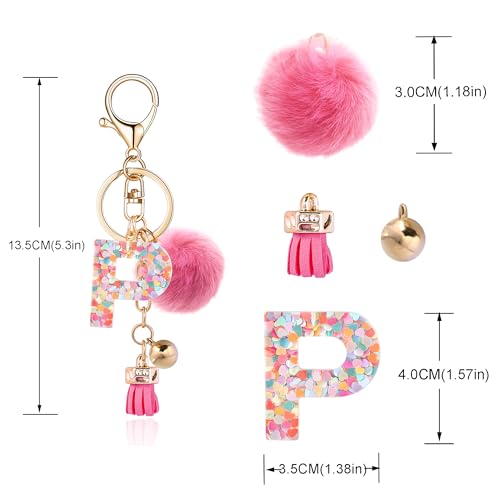 Resin Alphabet Initial Letter Keychain Keyring for Women Purse Handbags With Fur Ball Pom - color: Deep Pink Fur Ball Letter P