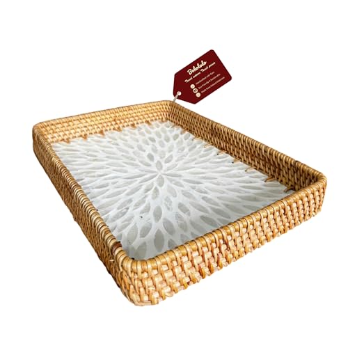 Rattan Rectangle Tray with Mother of Pearl Inlay – Unique Decorative Rattan Serving Tray for Coffee Table, Bathroom Vanity, Perfume & Nightstand – Ideals for Housewarming (White 11.8") - color: White 11.8"