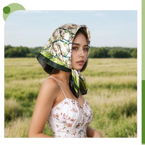 Seawhisper Premium Printed Satin Silk-Like Neck Scarf for Women Square 26" - color: Green2