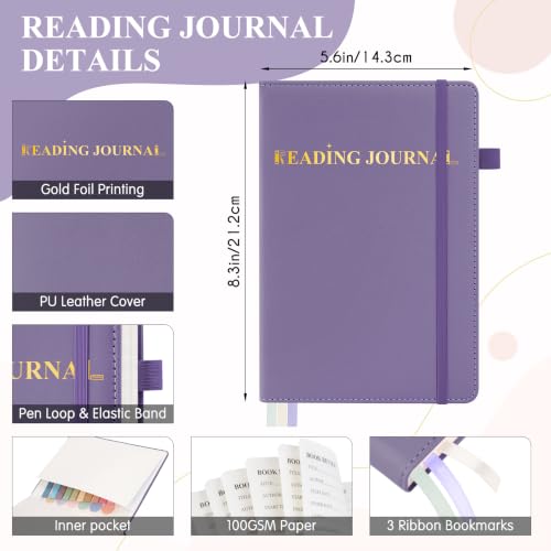 AKONEGE Reading Journal for Book Tracking - PU Leather Book Journal Reading Log with 80 Reviews for Readers, Accessories with Sticky Tabs, Pen Holder, Ribbon Bookmarks, 5.6" x 8.3", Purple - color: Purple