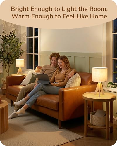 EDISHINE Small Table Lamp, Boho Bedside Lamp, Linen Fabric Shade, 14.2 Inch - color: Natural Wood&Beige Shade