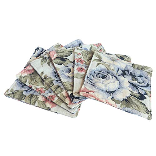 CUSHYSTORE 2 Layers Coasters Saucers Canvas Floral Botanical Fabric 4", 6 Pack - Blue Rose Garden - color: Blue Rose Garden
