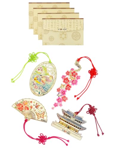 4 Pieces Metal Bookmark (Mandarin Duck, Plum Blossom, Gyeongbokgung Palace, Peony Hand Fan) + 4 Envelopes - Korean Traditional Bookmark 책갈피 원앙, 매화꽃, 경복궁, 목단부채 - style: Set 2