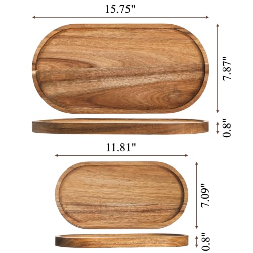 Elsjoy Set of 2 Acacia Wood Serving Trays, Long Wooden Serving Platter Oval Charcuterie Board Set for Home Decor, Fruit, Cheese - size: 15.75" × 7.87", 11.81" × 7.09", Height 0.8"