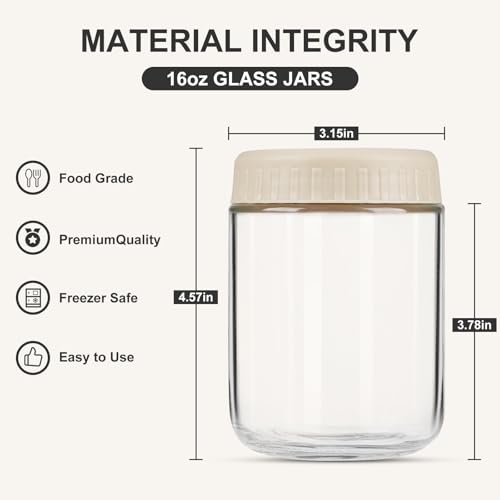 SHOWIN Overnight Oats Containers with Lids, 16oz Glass Jars with Lids 8 pcs, Creamy Beige, Wide Mouth Mason jars for Salad, Yogurt, Snacks, Meal Prep - color: Creamy Beige, size: 16oz-8pc