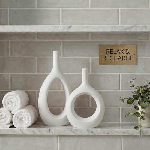 White Ceramic Hollow Elliptical Vase Set of 2 - Boho Circle Vase with Hole, for Modern White Table Decor, Living Room Decor Shelf mid Century Modern Home Entrance Decorative vase - color: White