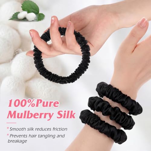 Needbrock Mulberry Silk Hair Ties, Thin Black Scrunchies for Women - color: Black