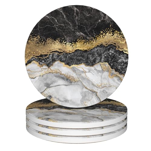 Drink Coasters Set of 4,Black Gold Marble Coasters for Drinks Ceramic Coasters with Cork Bottom for Kinds of Mugs and Cups,Home Decor,4'' - color: Black Gold Marble