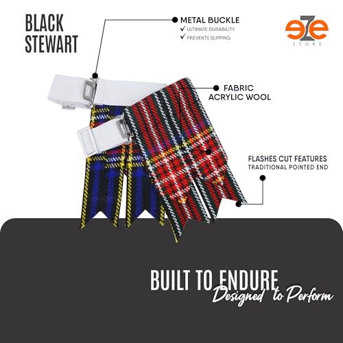 EZE Kilt Flashes for Men with Heavy Buckle Adjusters, Plain & Tartan Kilt Sock Flashes Acrylic Wool - color: Black Stewart