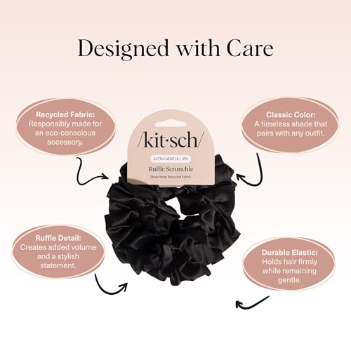Kitsch Ruffle Satin Scrunchies For Women - Gentle Hair Tie - Black, 1pc - color: Black Ruffle