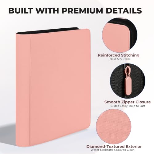 16 Pocket Zip Card Binder, 1024 Pockets Trading Card Binder with Side Loading Pockets, Water-Resistant Diamond-Textured Cover, Large 16 Slot Card Binder for TCG & Sports Cards - color: Pink, size: 16-Pocket