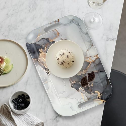 Serving Trays with Handles, 14.5 x 9.8 inch Rectangular Plastic Tray for Restaurant, Kitchen, Gray and Golden Marble - color: Gray and Golden Marble