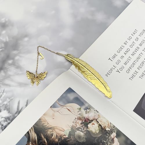 Initial Letter and Butterfly Charm Metal Feather Bookmark (Gold-J) - style: Gold-J