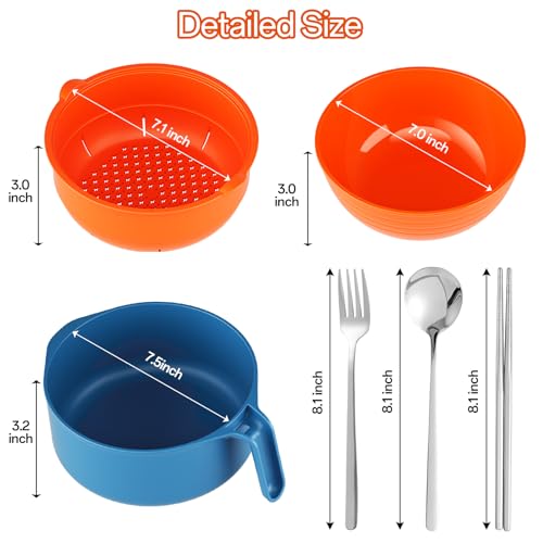 Large Ramen Bowl Set, Microwave Noodle Pasta Cooker with Lid and Strainer, Microwave Steamer for Vegetables, with Stainless Steel Chopsticks, Spoon, Fork, for Office, College, Dorm, Gift (Orange) - color: Orange, size: 50 oz Ramen Bowl (with Travel Utensi