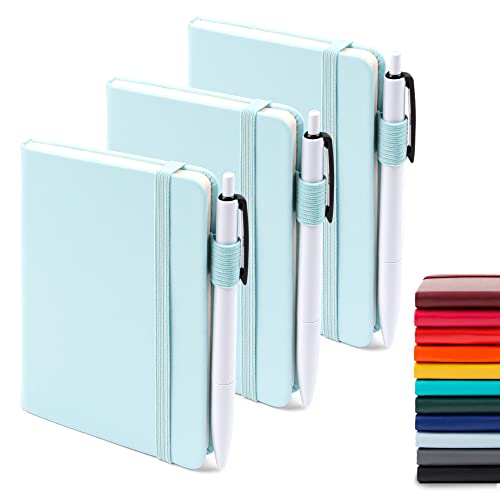 feela 3 Pack Pocket Small Notebook Journals, Mini Cute Memo Notepad Hardcover College Ruled Lined Journals with Pen Holder for Women Girls Office School, with 3 Black Pens, 3.5”x 5.5”, A6, Sky Blue - color: 3 Sky Blue