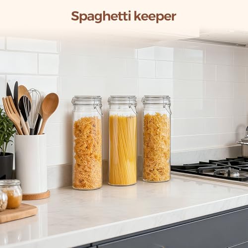 ComSaf Tall Glass Pasta Containers with Airtight Lids 68 oz 3 Pack Canister - size: 68 fl oz x 3 - Tall