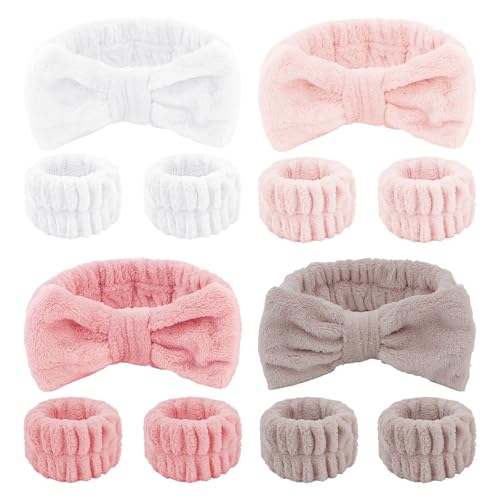 CIEHER 12 PCS Makeup Headband for Women Wrist Washband Scrunchies Cuffs for Washing Face, Soft Bow Hair Band Matching Wristbands, Rose Pink, Light Pink, Khaki Brown, White - color: Rose Pink, Light Pink, Khaki Brown, White