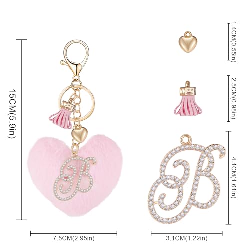 Initial Letter Heart Pom Pom Keychain for Women Pink Soft Fluffy Ball Key Ring for Purse Backpack Handbag - color: B